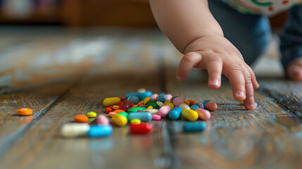 Toddler baby child's hand reaching for medical pills lying on the table. The danger of leaving tablets in places easily accessible to children. Medication drug poisoning concept