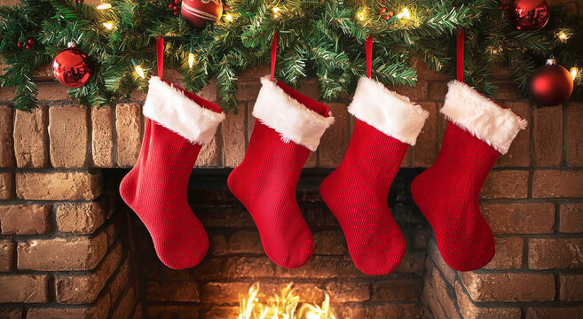 Festive christmas stockings hanging by the fireplace with holiday decorations - Powered by Adobe