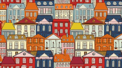 Naklejka premium Background texture: buildings in old town. Seamless pattern of old town with houses of different colors.