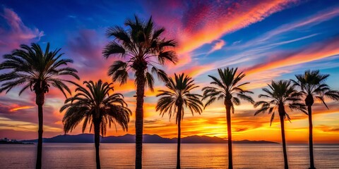 Naklejka premium Captivating silhouettes capture the beauty of Hyères Les Palmiers at sunset, showcasing vibrant colors and dramatic shadows that create an