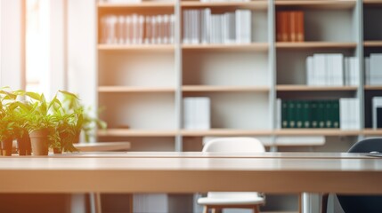 Office interior with bookshelves and stationery, close-up of documents