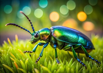 Naklejka premium Stunning Close-Up of an Oil Beetle on Green Grass - Nature's Unique Insect with Striking Colors and Features
