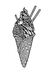 Line art of ice cream cone. Antistress coloring page. Coloring book for children and adults. Vector illustration
