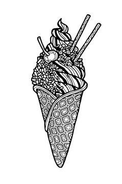 recommend clip art: Line art of ice cream cone. Antistress coloring page. Coloring book for children and adults. Vector illustration