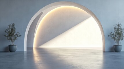 Minimalist Interior with Arched Doorway and Plants