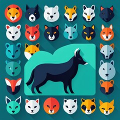 A colorful collection of animal head illustrations with a central silhouette of a dog.