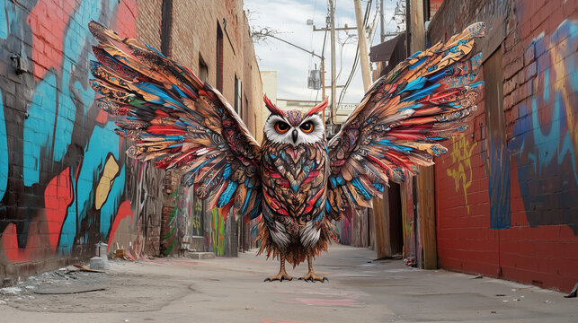A brightly colored owl with outstretched wings stands in a grimy urban alleyway. The owl's wings feature colorful graffiti-like designs, complementing the background of painted walls and street art