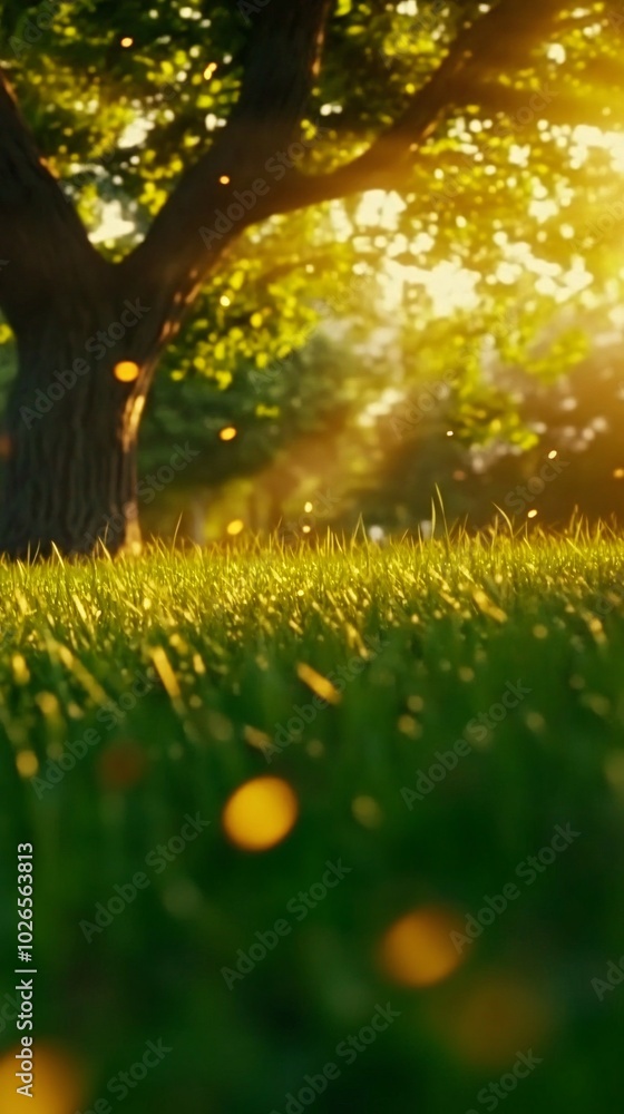 Poster sunlight filters through the leaves of a tree casting a golden glow on a grassy meadow.