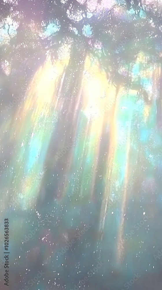 Poster sunbeams shining through trees in a misty forest.