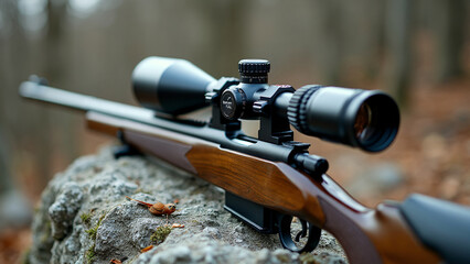 Obraz premium Hunting rifle with a focused mood resting on a rock in a serene forest.