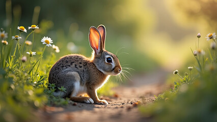 Fototapeta premium Rabbit with an inquisitive mood sitting among flowers in a sunlit meadow.