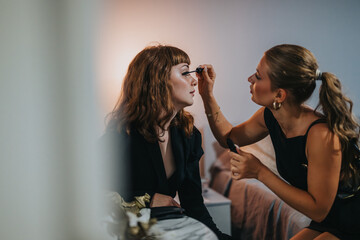 A makeup artist carefully applies mascara to a client's lashes, creating a glamorous look in an intimate setting. The scene exudes a sense of beauty and professionalism.