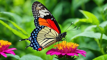 Fototapeta premium A colorful butterfly perched on a vibrant flower in a lush garden setting.