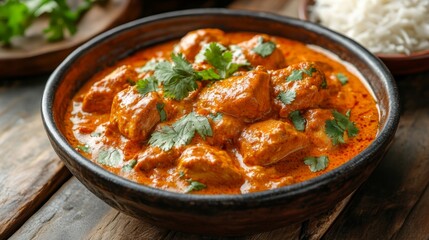 A bowl of chicken tikka masala with cilantro garnish and rice on the side.