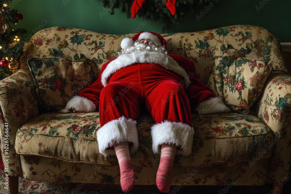 Wall mural Santa Claus relaxes on a couch, beside a radiant Christmas tree.