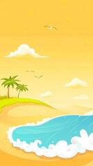 Obraz premium Tropical beach sunset with palm trees, blue ocean, and white clouds.