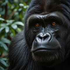 Close-up portrait of a majestic gorilla in a lush green forest.