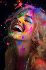 Naklejka premium Joyful Woman Covered in Vibrant Paint Splashes 