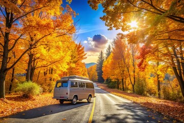 Obraz premium Cartoon Van Driving on Scenic Autumn Road - Vibrant Fall Colors and Adventure