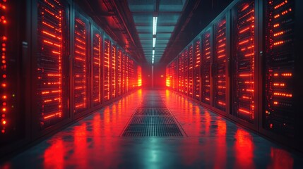 Fototapeta premium Rows of Brightly Lit Network Servers in a Modern Data Center