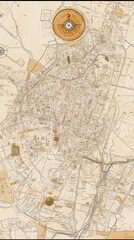 Obraz premium Vintage hand-drawn map of a city with compass and decorative details.