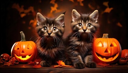 A baby cats with Halloween decorations, created