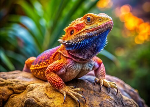 Stunning Flat Bearded Dragon Posing on a Rock in Natural Habitat, Showcasing Unique Colors and Texture for Reptile