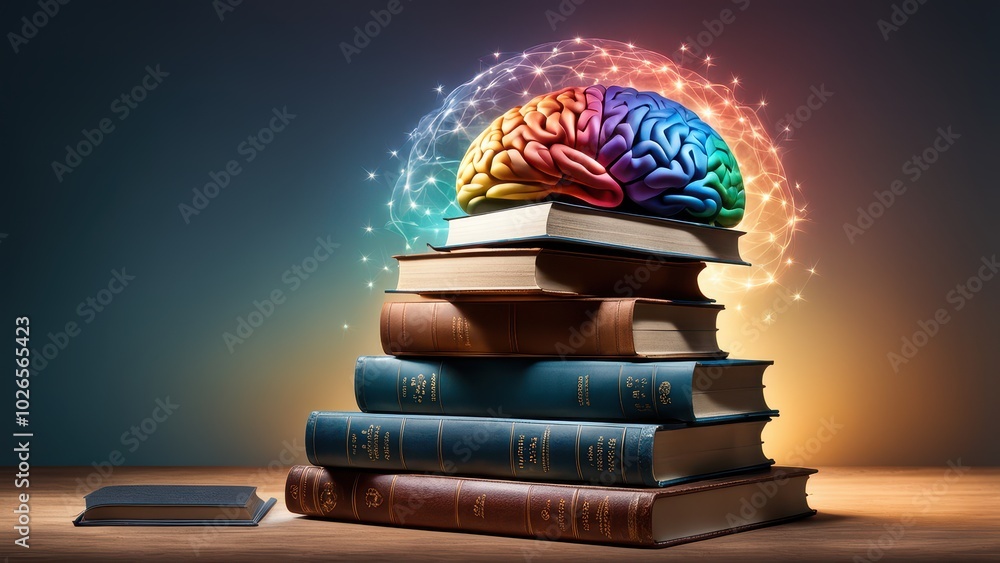 Poster a colorful brain atop stacked books, symbolizing knowledge and intellect.