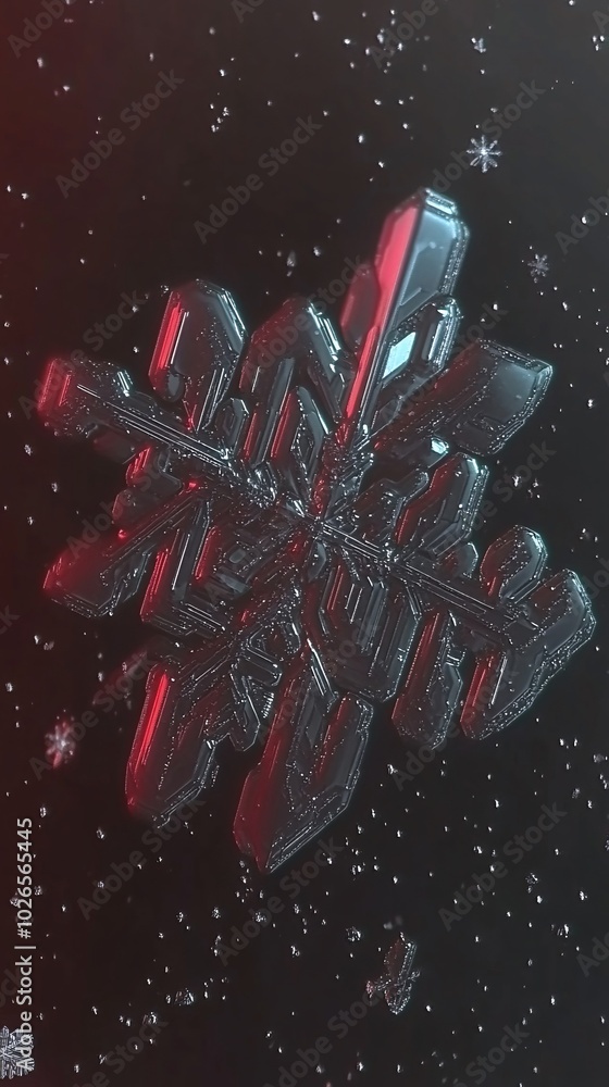 Poster a 3d rendering of a snowflake with a red and blue gradient and a black background.
