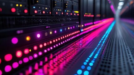 Fototapeta premium Rows of Glowing Network Servers with Multicolored LEDs for IT Infrastructure and Technology Usage
