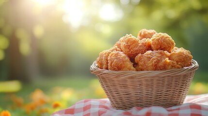 Crispy Fried Chicken Nuggets in a Wicker Basket on a Picnic Blanket