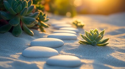 Fototapeta premium A Pathway of White Stones and Succulent Plants in Sunlight