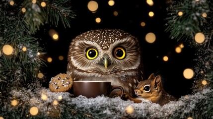 In a warm cave surrounded by snow-covered trees, a cute owl sips coffee with cookies while a curious squirrel watches eagerly. The atmosphere radiates comfort and delight