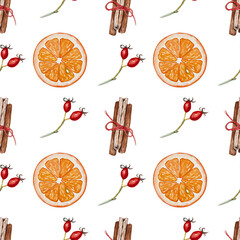 Mulled wine ingredients seamless pattern. Cinnamon stick tied bunch, orange, rosehip berries. Hand drawn watercolor sketch illustration Seasonal food background. Engraved spice and flavor object