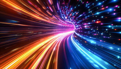 Obraz premium Colorful, swirling light display with a bright blue and orange streak. The light is moving in a tunnel, creating a sense of motion and energy