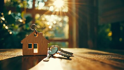 Wooden house key chain with keys on a wooden surface with sunlight shining through a window in the background. - Powered by Adobe