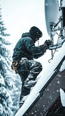 Technician Adjusting Satellite Dishes in Snowy Conditions