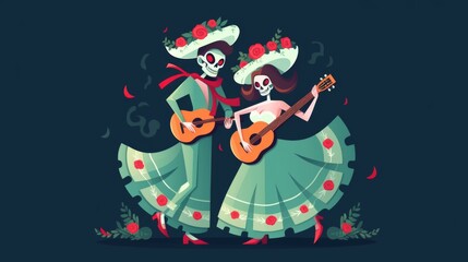 Fototapeta premium the Day of the Dead celebration featuring a man in a sombrero playing guitar and dancing next to his wife in a beautiful dress and skull mask， against a dark green background 