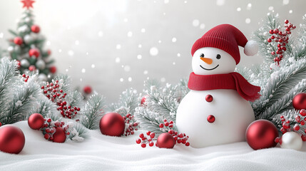 Fototapeta premium Happy snowman with a christmas tree in the snowy winter season - celebrating the holidays