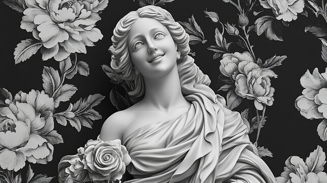 Marble statue of a smiling goddess against floral black background
