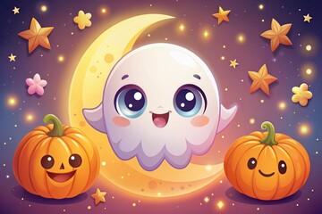Fototapeta premium Charming Halloween ghost illustration featuring adorable vector art, perfect for the spooky season. Ideal for capturing the festive, cute spirit of
