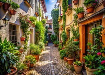 Charming Narrow Street with Potted Plants and Quaint Houses - Candid Photography