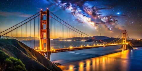 Fototapeta premium Stunning Golden Gate Bridge Night View with Illuminated Skyline and Starry Sky Perfect for Travel and Cityscape