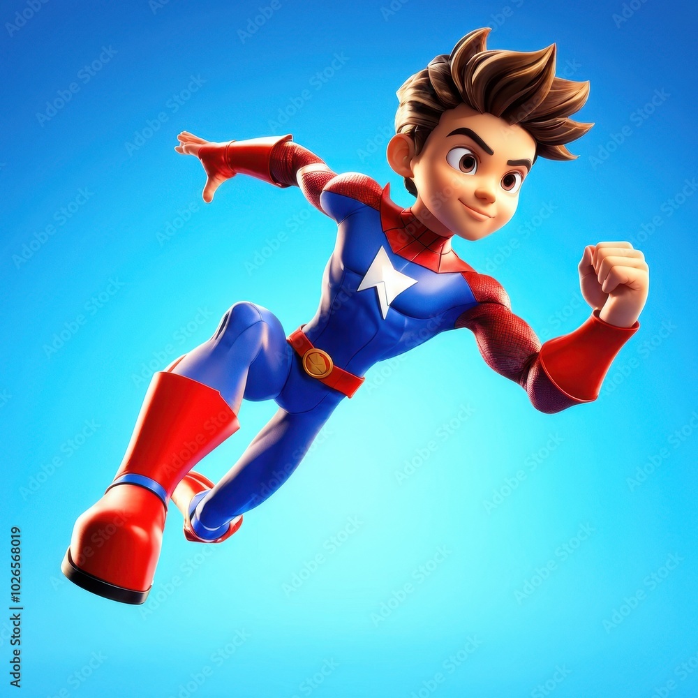 Poster a colorful animated superhero character in a dynamic running pose against a bright background.