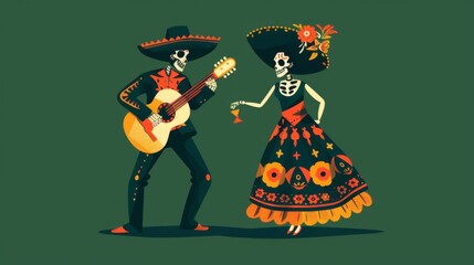  the Day of the Dead celebration featuring a man in a sombrero playing guitar and dancing next to his wife in a beautiful dress and skull mask， against a dark green background 