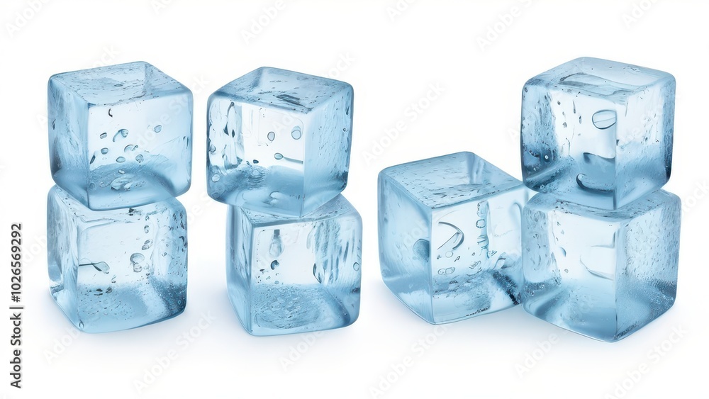 Poster a collection of ice cubes arranged in two groups on a white background.