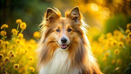 Stunning Golden Sheltie Dog Portrait in Nature, Capturing Playful Spirit and Beautiful Coats in Vibrant Outdoor Setting