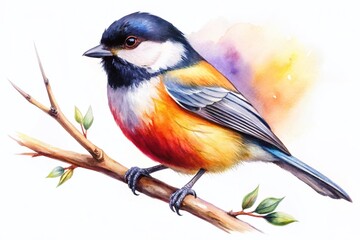 Naklejka premium Chickadee Bird Watercolor Illustration on Branch - Nature Art for Home Decor