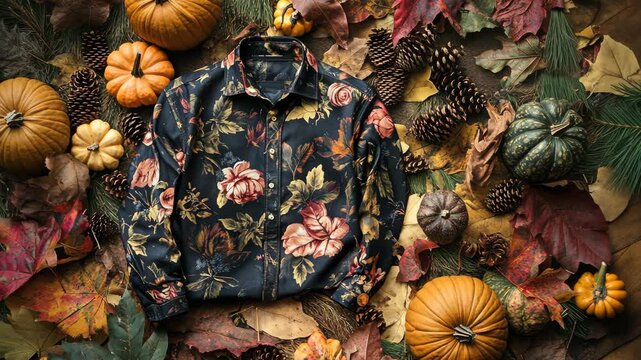 A floral patterned shirt lays on a bed of fall leaves and pumpkins