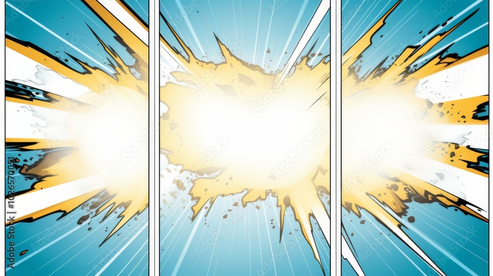 Poster dynamic action comic book panel layout featuring three blank panels with diagonal lines and speed ou